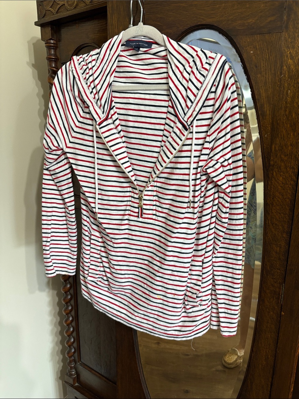 Tommy Hilfiger White Red and Black Striped Pullover Hoodie